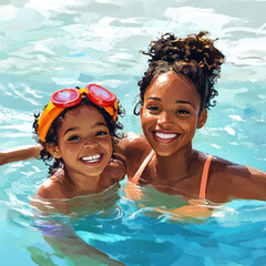 Wall Mural - Happy smiling black african american mother and daughter swimming on summer vacation holiday 