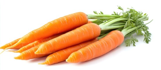 Poster - Fresh organic carrots in a vibrant bunch isolated on a white background Selective focus Blurred effect. with copy space image. Place for adding text or design