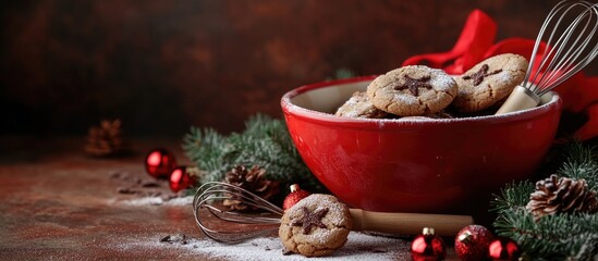 Aufkleber - Christmas gift for bakers including a mixing bowl with a whisk cookies and hot chocolate mix. with copy space image. Place for adding text or design