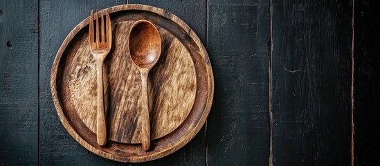 Fototapete - Vintage silverware Rustic vintage wooden spoon and fork set on a wooden platter against a black wooden background Empty dishes Top view Mock up. with copy space image. Place for adding text or design