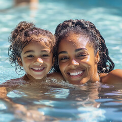 Sticker - Happy smiling black african american mother and daughter swimming on summer vacation holiday 