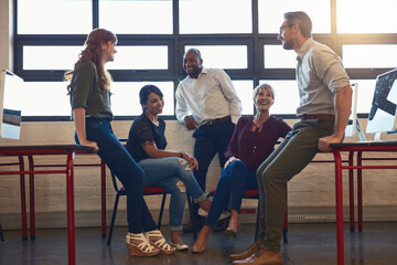 Canvas Print - Happy, group and man with ideas in meeting, brainstorming and talking with colleagues and boss. Speaker, listening and web designer with people for planning, collaboration and discussion of project