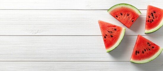 Fototapete - Watermelon Slices on a White Wooden Background. with copy space image. Place for adding text or design