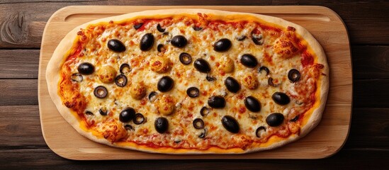 Aufkleber - Homemade Greek oval pizza topped with whole olives and cheese Top view. with copy space image. Place for adding text or design
