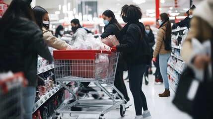 People wearing masks shop in a busy store, filling carts with various items.