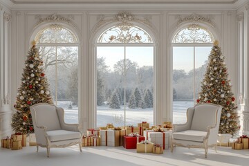 Canvas Print - Stylish Christmas background design featuring gift box decorations, ornament decorations, and white golden warm tones.