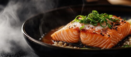 Poster - Domestic Japanese cuisine featuring traditional fresh fish such as broiled salmon with salt. with copy space image. Place for adding text or design