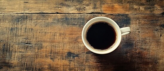 Fototapete - Black coffee on a wooden surface white coffee cup on an aged wooden table empty copy space for your text Vintage color tone