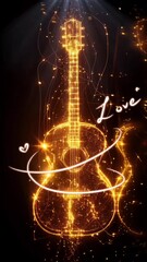 Wall Mural - Golden acoustic guitar with glowing neon lights. Seamless looping time-lapse 4k video animation background