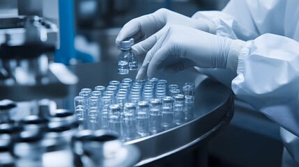Wall Mural - scientist in protective gear handling vials in a laboratory setting.