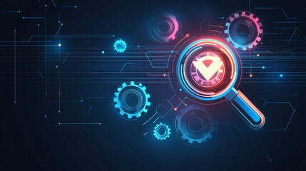 Wall Mural - magnifying glass over digital gears, symbolizing seo strategies and data analysis.