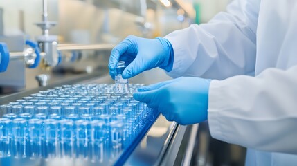 Wall Mural - scientist in white coat and blue gloves handling vials in a laboratory.