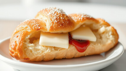 Wall Mural - Closeup of a croissant with butter and jam on a white plate