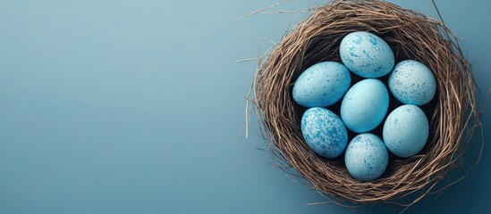 Poster - Banner featuring Easter eggs in blue hues arranged in a nest Copy space The idea of chic decoration for Easter greeting cards and more
