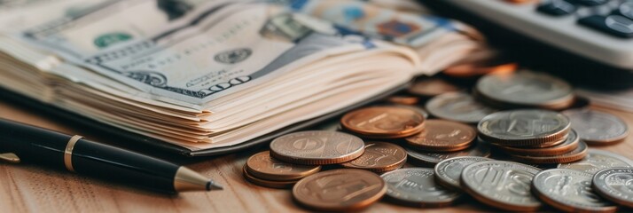 Aufkleber - A stack of cash and coins sits next to an open notebook filled with notes and calculations, showcasing a focus on personal finance management. Generative AI