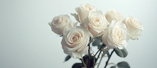 Fototapete - White Rose A bunch of delicate roses against a white backdrop Space for text A romantic setting for spring celebrations. with copy space image. Place for adding text or design