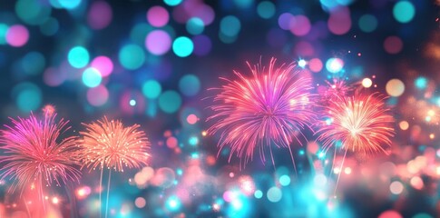 Wall Mural - New Year background with colorful fireworks and bokeh lights.