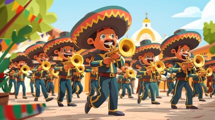 Wall Mural - Cartoon vector a marching band performing in a Mexico Independence Day parade