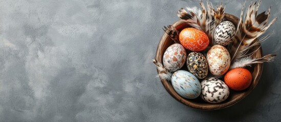 Poster - Easter eggs and feathers arranged in a wooden bowl on a gray background Concept of a joyful Easter holiday. with copy space image. Place for adding text or design