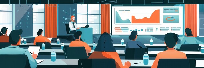 Poster - A professional presents financial insights to an attentive audience in a contemporary conference room, showcasing data on large screens. Generative AI