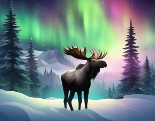 Wall Mural - Snow forest aurora moose background