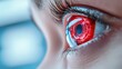 © starush - A close up of a woman's eye with red glowing in it, AI