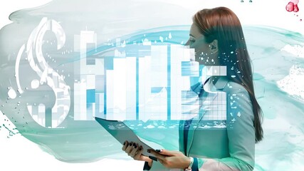 Wall Mural - A woman prepares for a business presentation, holding a tablet and appearing focused and professional in an office environment