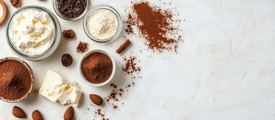 Poster - Mascarpone cheese and ingredients for creating the Italian dessert tiramisu on a light concrete surface Top view with copyspace