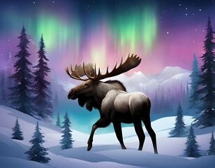 Wall Mural - Snow forest aurora moose background