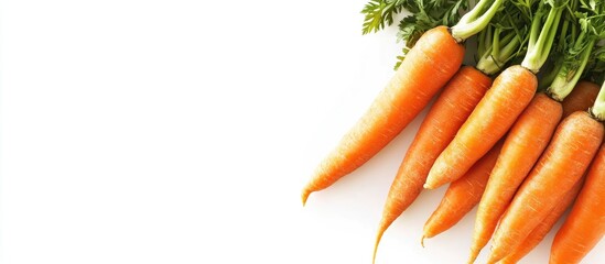 Poster - Fresh organic carrots in a vibrant bunch isolated on a white background Selective focus Blurred effect. with copy space image. Place for adding text or design