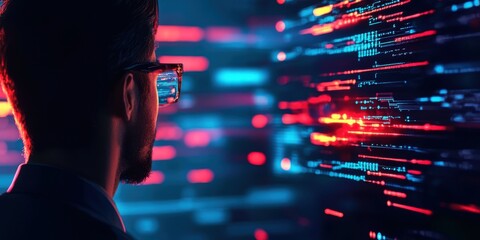 A focused individual analyzes dynamic data streams in a futuristic digital environment, highlighting technology and innovation.