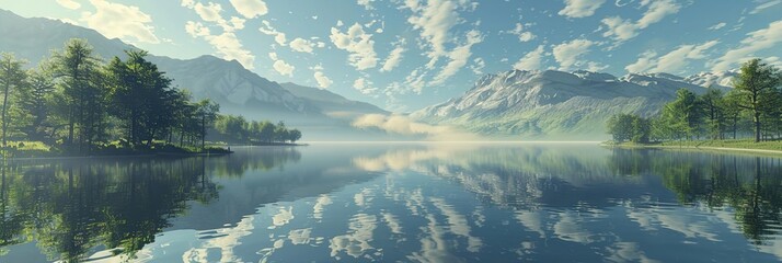 Poster - Serene Mountain Lake with Fog Illustration