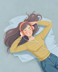 Wall Mural - A beautiful girl lies on her back with headphones and listens to music.Illustration in cartoon style.