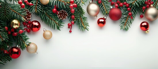 Aufkleber - Christmas backdrop featuring fir tree branches adorned with red and gold ornaments on a white background Top view Copy space
