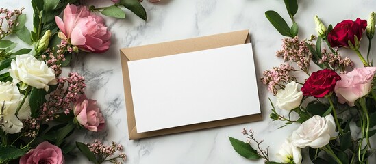 Poster - Arrangement of a blank card and various flowers on a light background close up. with copy space image. Place for adding text or design