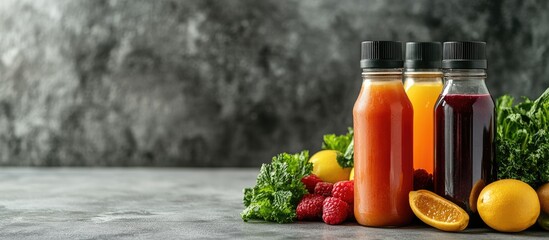 Leinwandbilder - Plastic bottles of cold pressed unprocessed fruit and vegetable juices on a light gray table Body cleansing fasting concept Minimalist food photography Copyspace