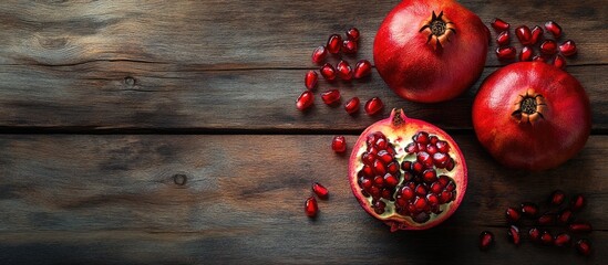 Fototapete - A collection of fresh ripe pomegranates on a rustic wooden table with one pomegranate split open to reveal its seeds. with copy space image. Place for adding text or design