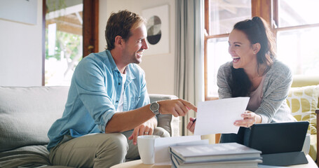 Wall Mural - Happy, couple and relax with documents at house for tablet, financial planning and debt payment of mortgage. People, laughing and paperwork for budget savings, property insurance and asset management