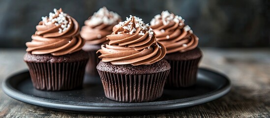 Poster - Sweet chocolate pastry cupcakes topped with cocoa frosting and buttercream on a black plate set against a dark wooden background sprinkled with coconut flakes vertical view copyspace