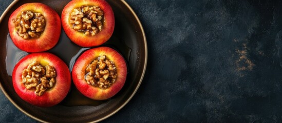 Aufkleber - Baked apples filled with walnuts and honey on a brown plate set against a black background A healthy and delicious sweet dessert recipe Copy space Top view View from above