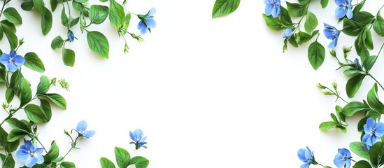Poster - Blue flowers and green leaves on a white background Botanical arrangement with copy space