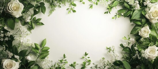 Fototapete - Mockup of a spring postcard featuring a frame of white acacia flowers roses and green leaves Floral backdrop. with copy space image. Place for adding text or design