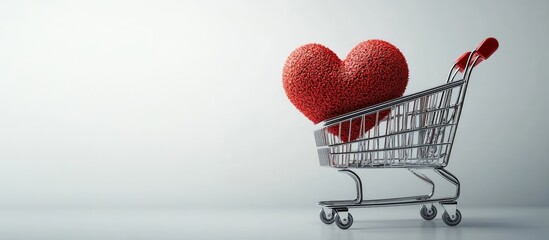 Small cart and heart shape on a white background. with copy space image. Place for adding text or design