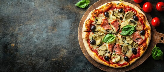 Aufkleber - Artichoke pizza with ham and olives as a fast food snack or appetizer on the table featuring copyspace rustic food background and a top view