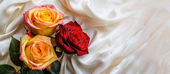 Aufkleber - Yellow roses on red satin against a white background with copy space
