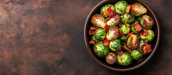 Aufkleber - Tasty roasted Brussels sprouts and bacon in a bowl on a brown table top view Copyspace available
