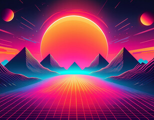 Wall Mural - A 1980s-inspired synthwave landscape with mountains and a sun in a futuristic outer space setting.