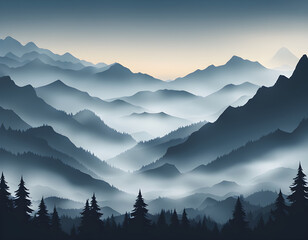 Wall Mural - Misty forest multiple mountains background