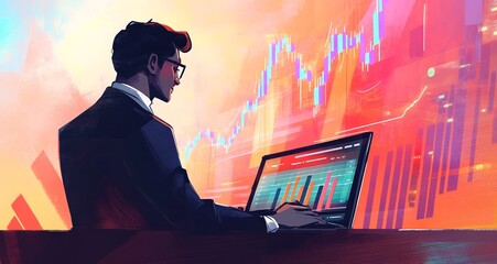 Illustrate a businessman in a suit using a laptop, with a large digital display showing a market graph in decline. Ensure the image has a clean and professional look with ample copy space.