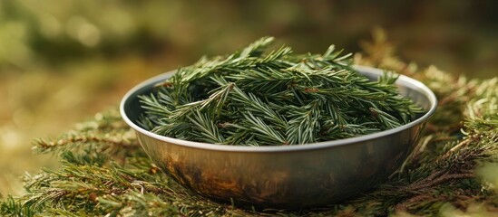 Poster - Close up image of a metal bowl filled with freshly gathered tips of a coniferous tree in spring. with copy space image. Place for adding text or design